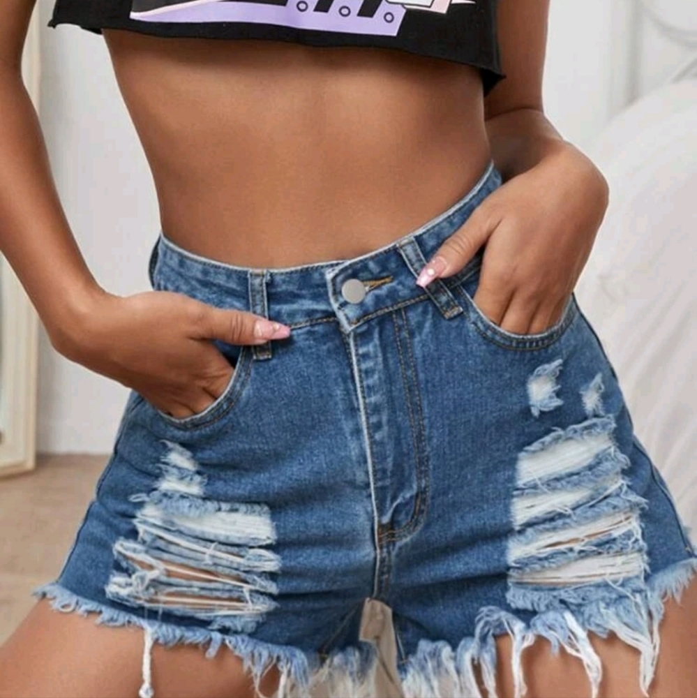 Ripped Raw Hem Denim Shorts